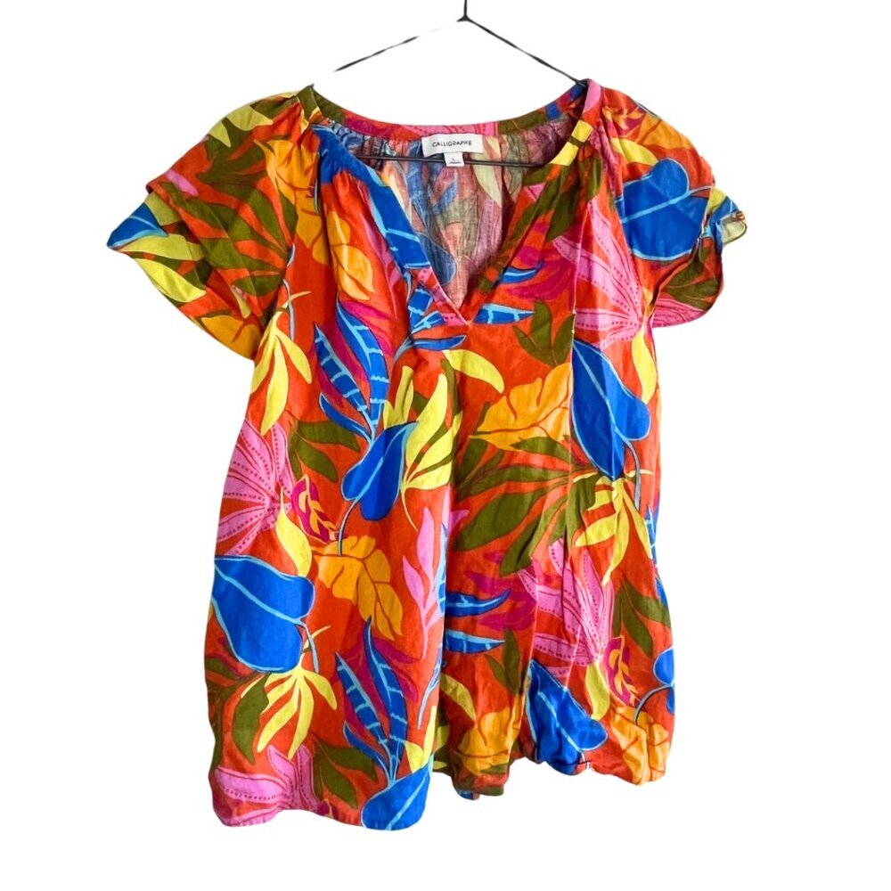 Calligraphie Orange Bright Floral Tropical Print Linen Blend Short Sleeve Blouse